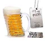 First Mate PISCES 1 Mouth Blown Glass Beer Mug 1 Pint (17 Oz) 1 Metallic Graphic Dog Tag 1 Metallic Graphic Key Chain Matching Macho for Him Gift Pack - All 12 Zodiacs By Hot Muggs