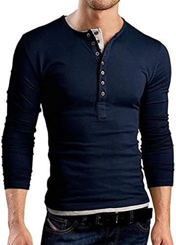 OrenMode Men's Henley Shirt Cotton Casual Long Sleeve Slim Fit Tops Navy Blue Tag Size XXL=US Size M