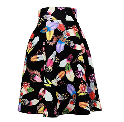 Modeway Women's Floral High Waist Flared Casual Knee Length Pleated Skater Skirt