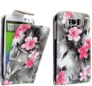 FOR HTC SENSATION XL G21 STYLISH PINK FLOWERS PRINT ON BLACK LEATHER FLIP CASE COVER POUCH