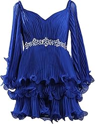 Pleated Beaded  Short Mermaid Chiffon Long Sleeves Evening Dress  With Rhinestones and a Sash 