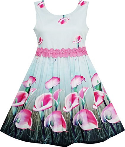 Sunny Fashion Girls Dress Pink Calla Lily Flower Garden Print Lace Waist