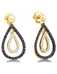 14K White Gold Channel Set Round White and Black Diamond Pear Shape Dangle Earrings with Screw Back Closure - (.78 cttw)