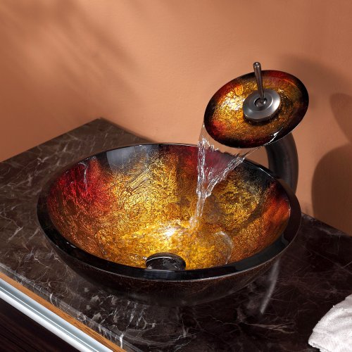 Kraus C-GV-680-19mm-10ORB Mercury Glass Vessel Sink and Waterfall Faucet, Oil Rubbed Bronze
