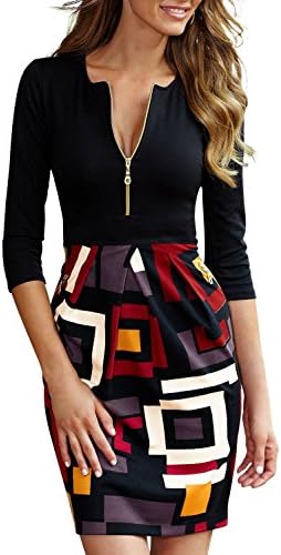 Walume Women's Deep-V Neck 2/3 Sleeve coloured abstract Zipper Dwon Dress XX-Large