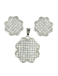 .925 Sterling Silver 14 MM Earring and 19 MM Pendant Set Clear CZ Flowery Design Rhodium Plated