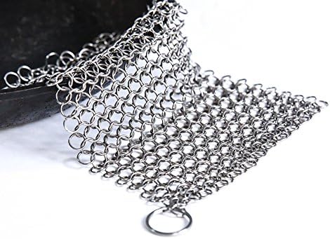 Qlty First Cast Iron Cleaner - Made of XL 8x6 / 7x7 Inch Premium Stainless Steel Chainmail Scrubber, Includes a hook and a Dish Drying Cloth