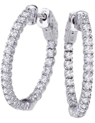 Birthstone Company 14K 1ct White Gold Diamond Secure Lock 24 mm Hoop Earrings