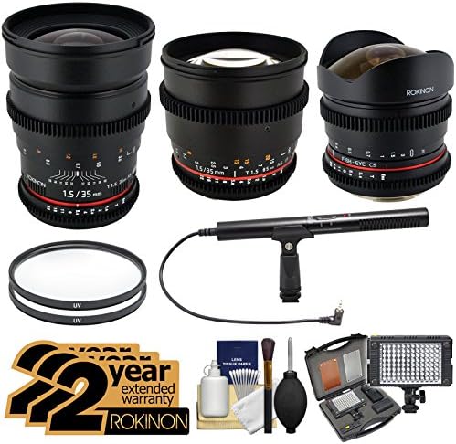 Rokinon Cine Lens Bundle with 8mm T/3.8, 35mm T/1.5 & 85mm T/1.5 (for Video DSLR) with (3) 2 Year Ext Warranty + LED Video Light + Pro Microphone + Filters + Accessory Kit for Sony Alpha DSLR SLT-A57, A58, A65, A77, A99 DSLR Cameras