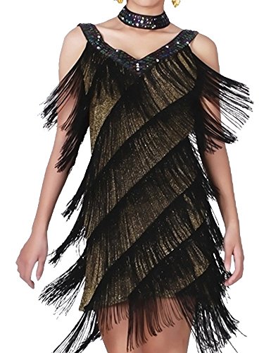 KAYAMIYA Women's Art Deco 1920s Gatsby Sequins Tassel Deep V Flapper Costume Dress L/XL Gold Black