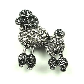 Black Smokey Austrian Rhinestone Poodle Dog Antique Silver-Tone Brooch Pin