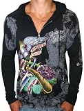 CHRISTIAN AUDIGIER Ed Hardy Knit Mens Zip Up Logo Platinum Sweater Hoodie Shirt Black