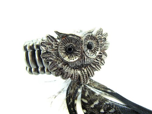 Funky Unique NENA Owl and Black Feather Fashion Ring on Adjustable Stretch Band Antique Silver Tone