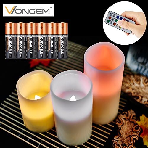 VONGEM® LED 4/8 H Timer and Remote Control Flameless Flickering Real Wax Candles,6 Pcs AAA Batteries Included,D 3* H 4,5,6 Inches Pillar Unscented Candles for Wedding Party(Pack of 3,White)