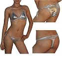 3 PIECE SET: Womens Sexy Hot Metallic Silver Bikini Swimsuit