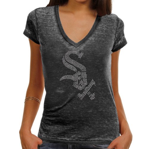 Touch by Alyssa Milano Chicago White Sox Ladies Fade Route Premium Burnout Low V-Neck T-Shirt - Black (Medium)