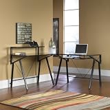 L-Shape Computer Desk - Black Steel / Black Glass