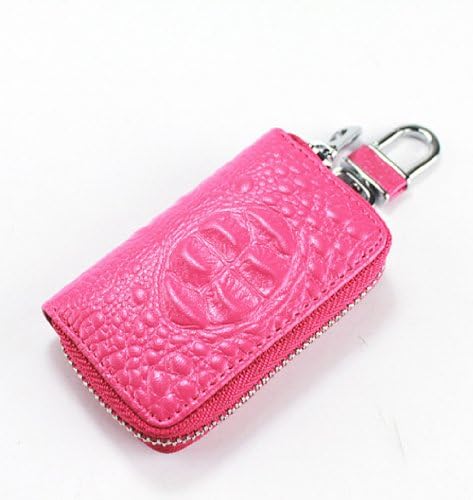 YOURONG Handmade Genuine Leather Zipper Key Chain Case Pouch Credit Cards Holder (Rose Red)