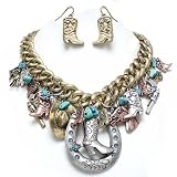 Chunky Vintage Style Tri Tone Western Horseshoe, Cowgirl, Cowboy Hat, Boots and Links Statement Bib Necklace and Earrings Set Fashion Jewelry