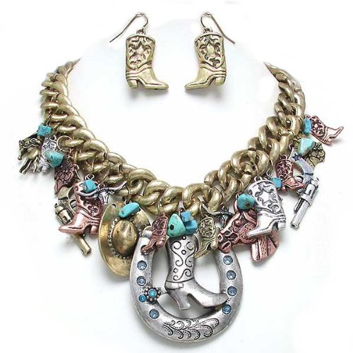 Chunky Vintage Style Tri Tone Western Horseshoe, Cowgirl, Cowboy Hat, Boots and Links Statement Bib Necklace and Earrings Set Fashion Jewelry