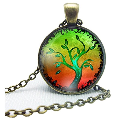 Doinshop New Useful Cute Nice Life Tree Pendant Necklace Art Tree Glass Cabochon Bronze Necklace (J)