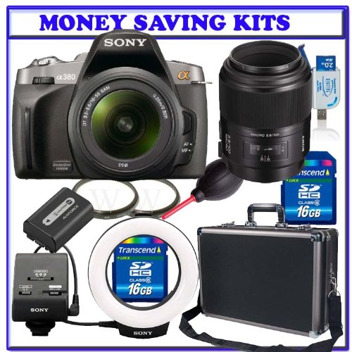 Sony Alpha A380L 14.2 MP Digital SLR Camera w/ 18-55mm Standard Zoom Lens + Sony 100mm f/2.8 Macro Lens + Sony HVL-RLA Ring Light + Willoughby's Two 16GB CF Compact Flash Dental/Medical Pro Series Kit.