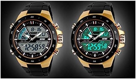 Men Sports Watch Quartz LED Dual Movt Design Round Dial Steel Fashion Colorful Light Military Watches Gold-Black Color
