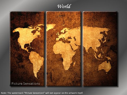 Framed Huge 3 Panel Modern Canvas Art World Map Giclee Canvas Print