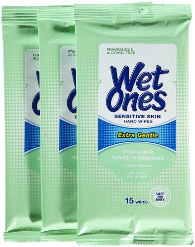 Wet Ones Moist Towelette For Sensitive Skin, Travel Pack, 15-Count (3 pack)
