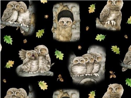 Elizabeth Studio 'Hoo's Tree' Scattered Owls on Black Cotton Fabric By the Yard