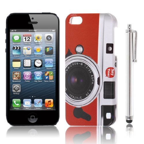 Water & Wood Black Red Camera Pattern IMD Back Case w Touch Pen for iPhone 5 5G 5S