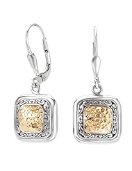 925 Silver Hammered Square Dangle Earrings with 18k Gold Accents