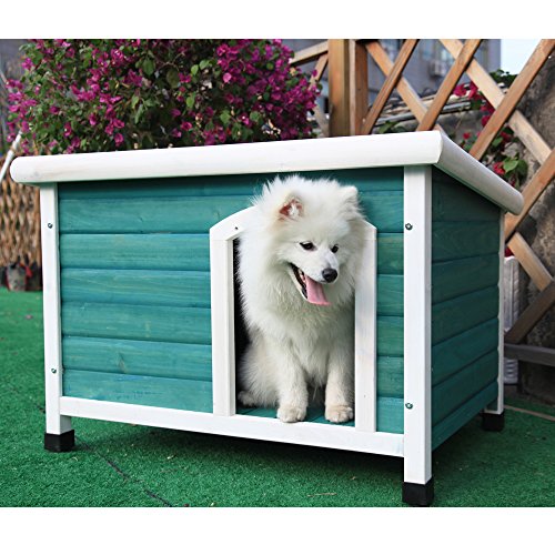 Outdoor Pet Dog House Shelter Raised Floor Door Flap Cage Bed Puppy