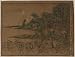 Poster Print of Japanese Artwork dating from 1688-1915 Print showing a procession of men wearing animal masks and hats with horns, carrying a warrior on a litter along the shore of a lake, with a temple in the background