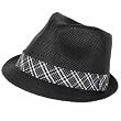 Plaid Chk Band Summer Light Fedora Trilby Hat Black with Black White Hatband M/L