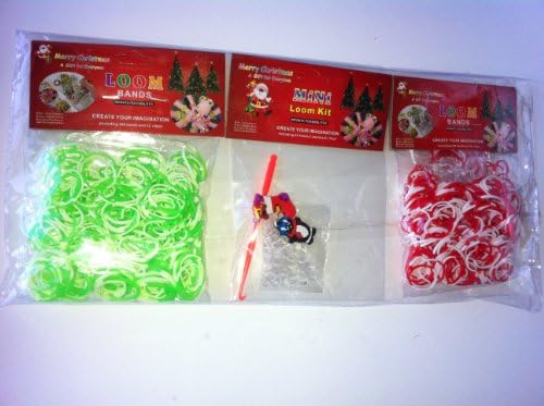 Refill Bands X-Mas 600 Ct Tie Dye, Mini Loom Kit, Clips (Light Green White/Red White)