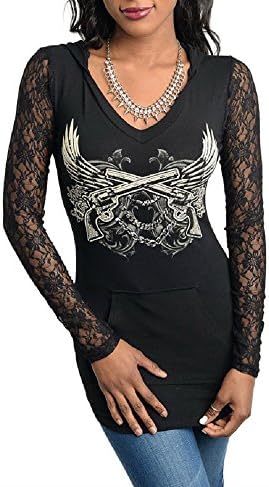 Junior's Graphic Print Lace Hoodie Top