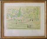 Villa Burghese, Rome, Original 1950's Crayon on Paper Drawing By Carmel Artist Victor Di Gesu - Framed Artwork
