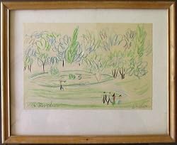 Villa Burghese, Rome, Original 1950's Crayon on Paper Drawing By Carmel Artist Victor Di Gesu - Framed Artwork