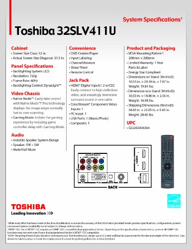 Toshiba 32SLV411U 32-Inch 720p LED-LCD HDTV with Built-in DVD Player, Black