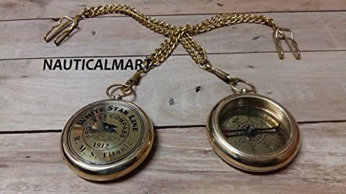 New Handcrafted Nautical Decor Solid Brass Gentlemen's Pocket Compass with Beautiful SET of 2 Brass Chain 10"