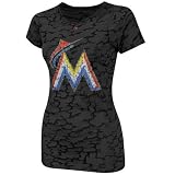 MLB Women's Miami Marlins Pure Victory Short Sleeve Raw Cut Crew Neck Tee (Black Camo, Large)