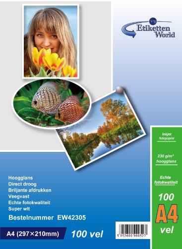 100 Sheets A4 230g/m² Photo paper: very glossy and waterproof photo paper, compatible with all current Ink Jet and Photo Printers from EtikettenWorld BV