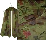 ULRIKE Wide Oblong Flat Crepe Silk Scarf - The green flits from brass to grass under olive leaves, red berries, copper-brown pods and flashing highlights.