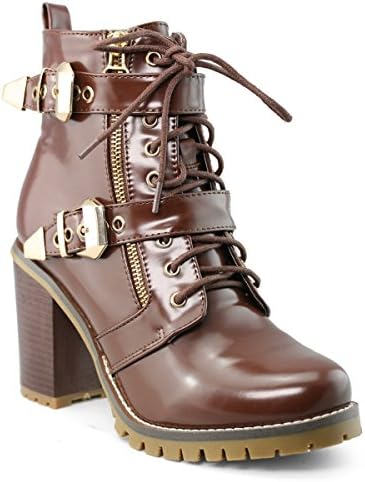 SHOEZY Womens PU Leather Ankle Heels Boots Platform Block Lace Up Buckle Zip Online Exclusive Brown US 9