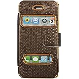 niceEshop Brown Wallet Style Carbon Fiber Print Synthetic Leather Case Cover for iPhone 4 4S