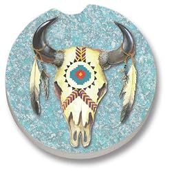Cow Skull and Feathers Car Coasters 2 Pack