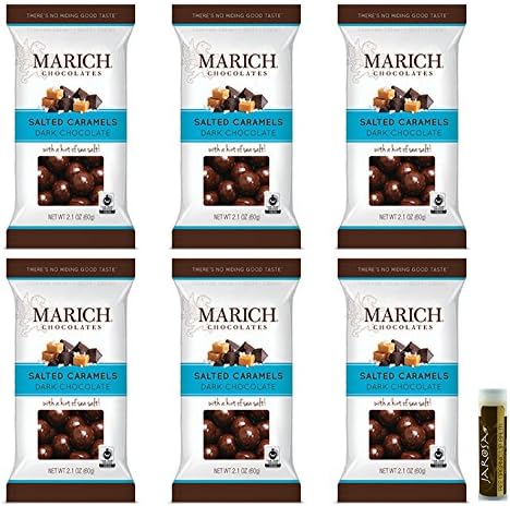 Marich Dark Chocolate Variety Set - Dark Chocolate Sea Salt Salted Caramels 2.1 oz/60g Pack of 6 with a Jarosa Bee Organic Chocolate Bliss Lip Balm