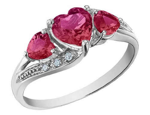 Created Ruby Heart Ring with Diamonds 1.25 Carat (ctw) in 10K White Gold