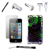 Green and Purple Retro Hearts Design on Black Cover / 2 Piece Snap On Crystal Case for New Apple iPod Touch 4 ( 4th Generation 8GB 16GB 32GB ) + Includes a USB Travel Car Charger, a USB Home Charger and a USB Data Sync Cable + Includes Anti Glare Screen Protector Guard and a Graphic Designer Stylus Pen to Navigate Device